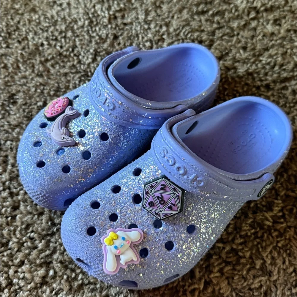 CROCS Kids Purple Glitter Slippers with Charms